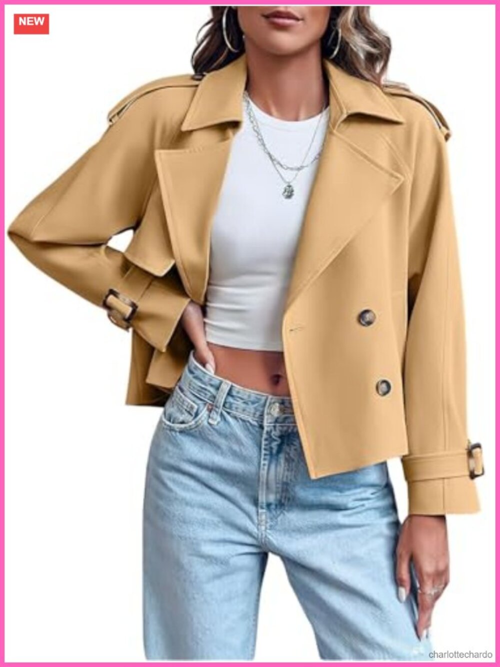Double Breasted Cropped Trench Coat Lapel Pockets Loose Fit Jacket